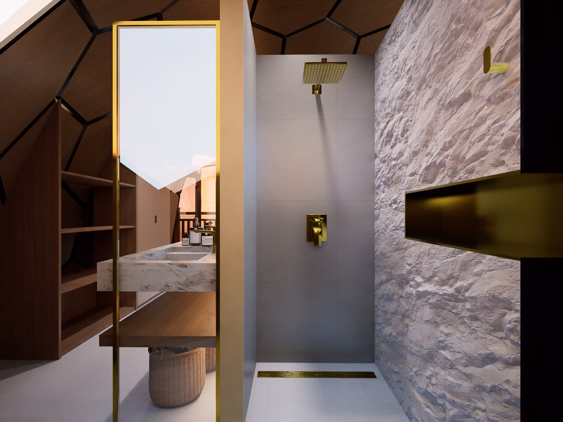 Walk-in rain shower with brass fixtures and a raw stone wall