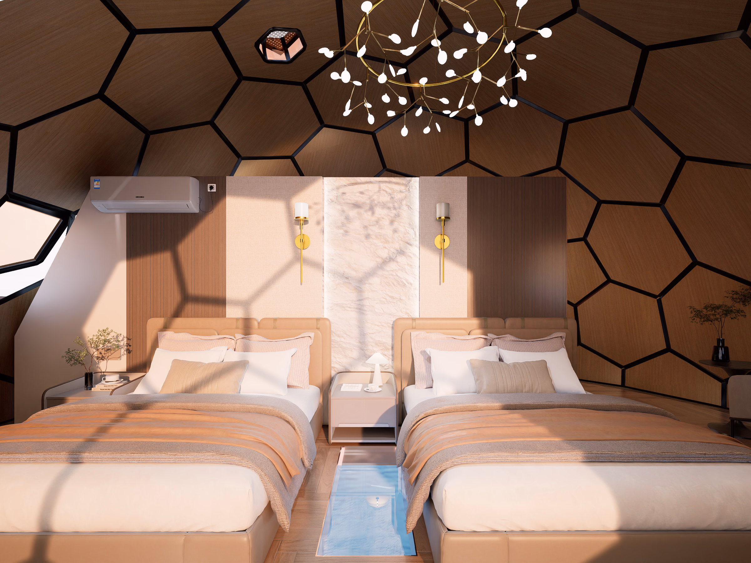 Double Queen Dome interior: two queen beds side by side under the honeycomb shell, a glass floor panel between them