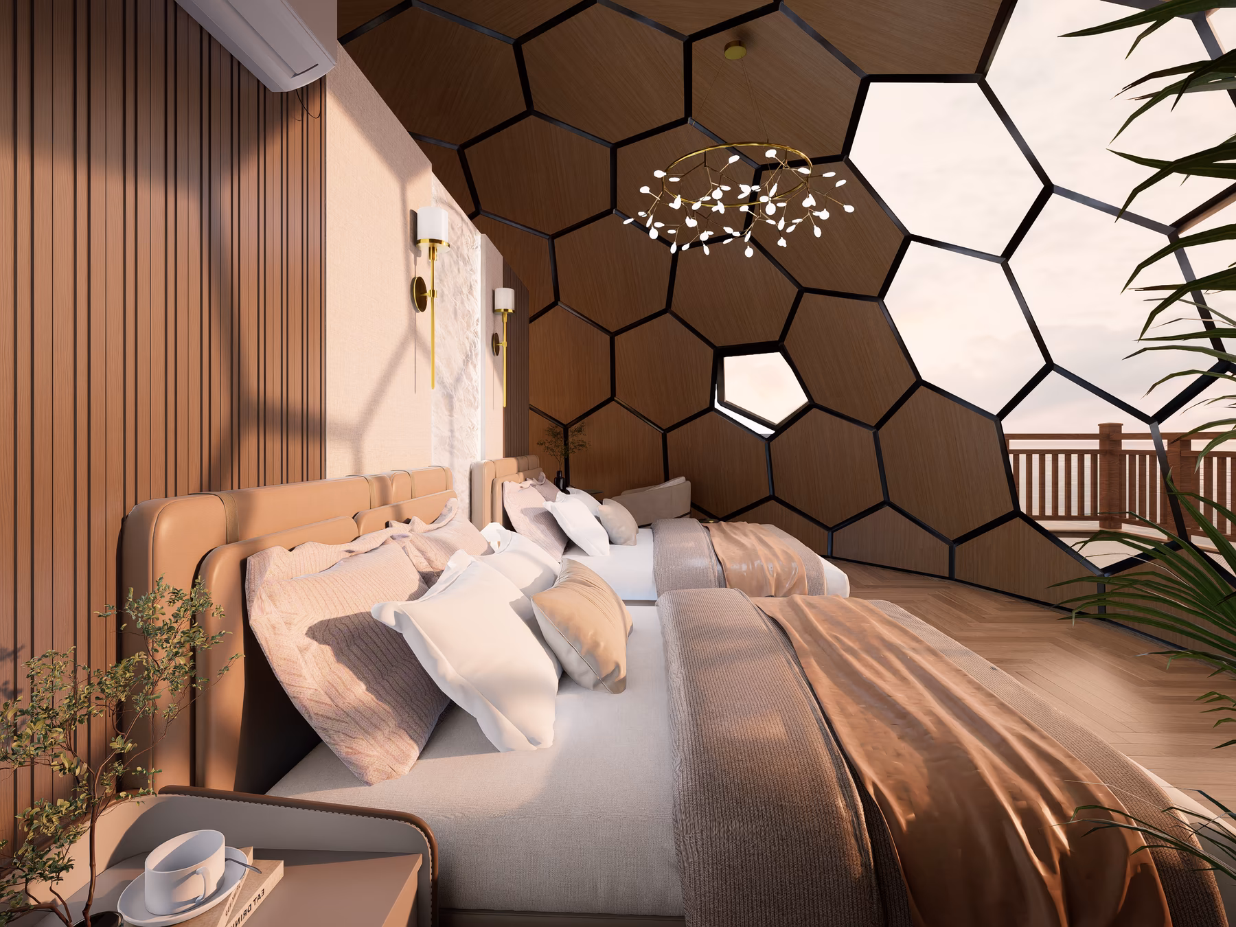 Two queen beds angled toward the honeycomb glass wall, the deck and Caribbean beyond