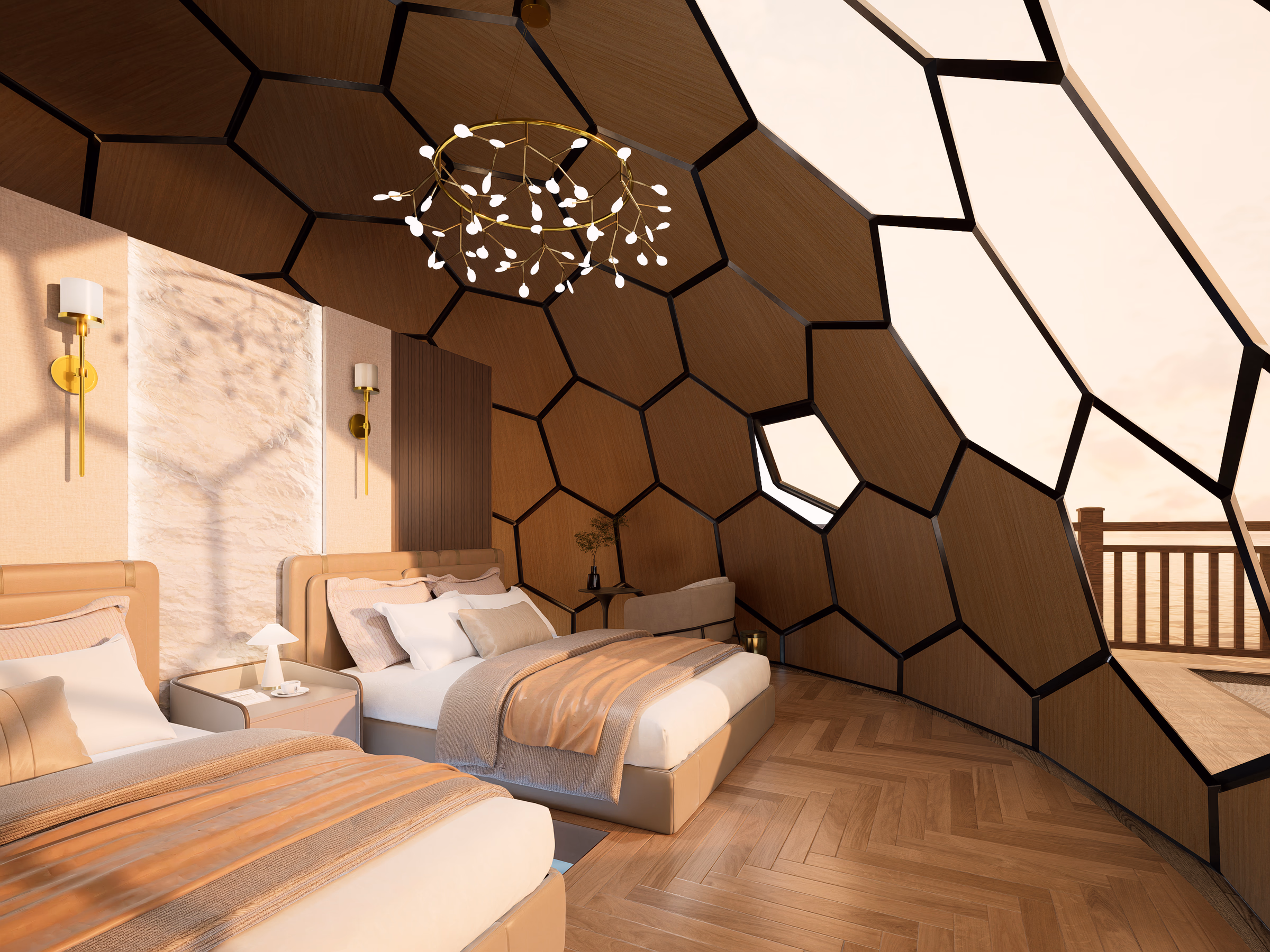 Double Queen Dome interior: two queen beds beneath the honeycomb shell, glass panels opening onto the Caribbean